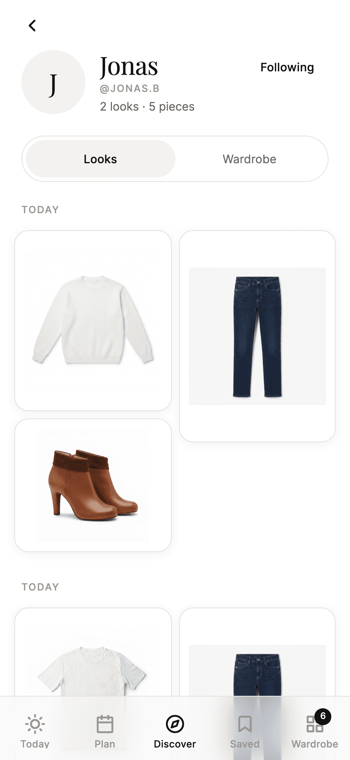 A friend's shared Capsule: their profile, saved looks and wardrobe grid