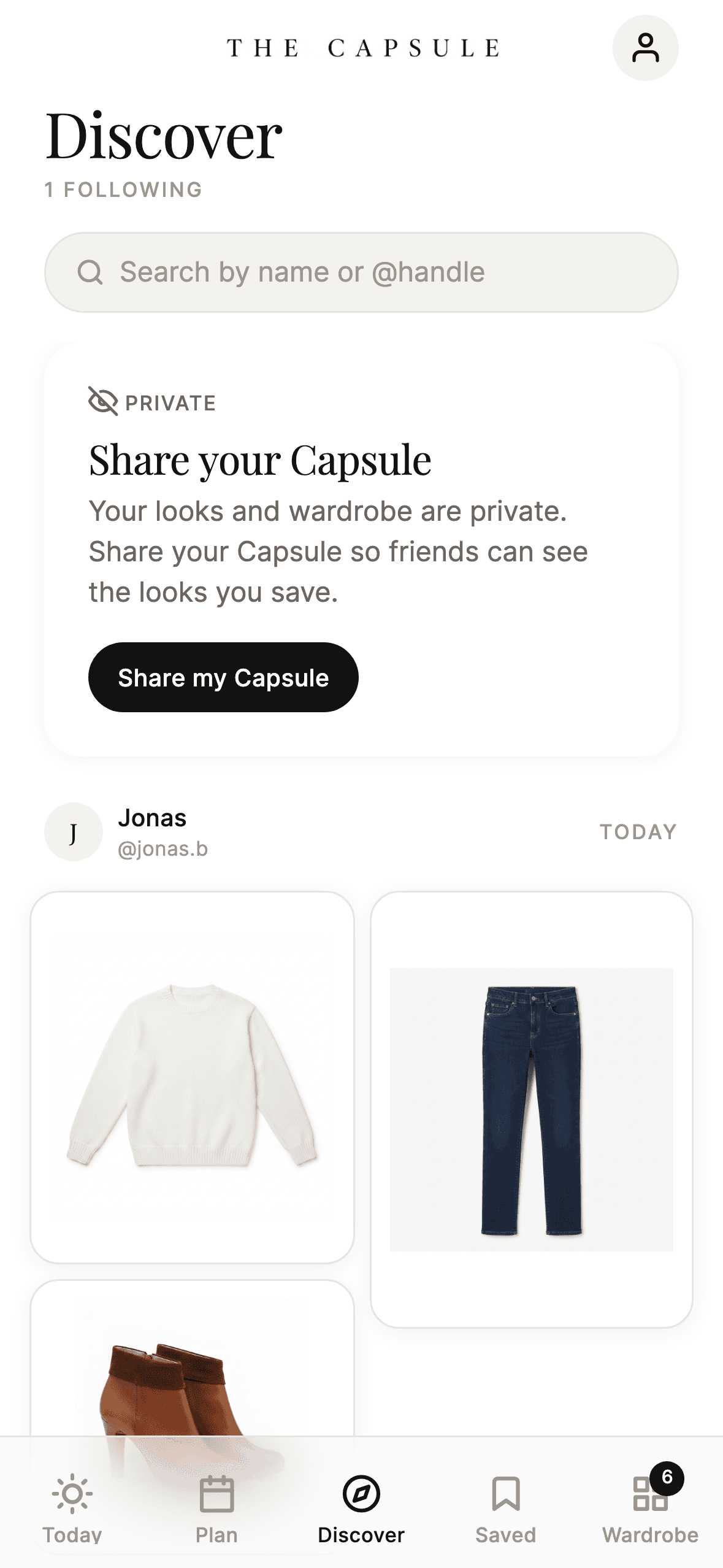 The Discover feed: looks from people you follow, with search by name or @handle