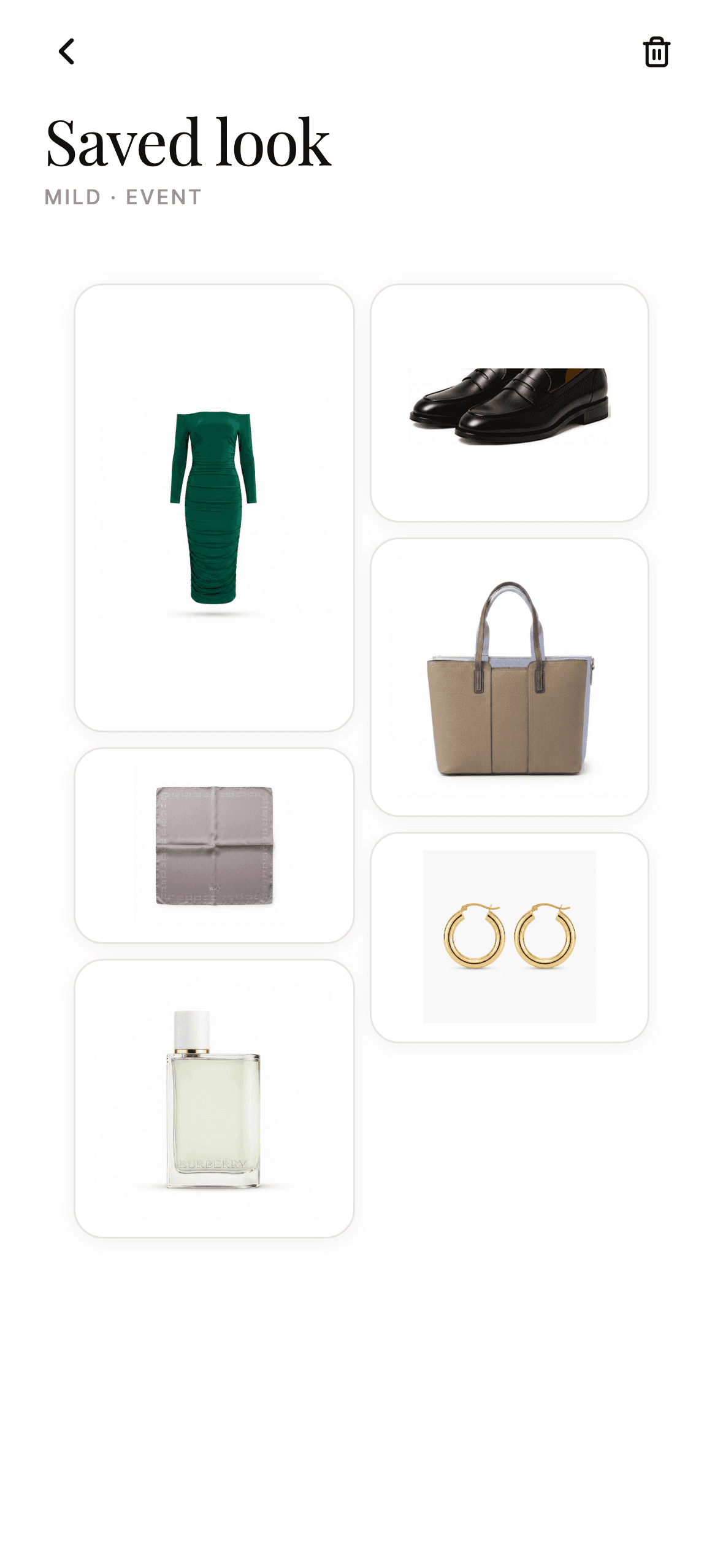 A saved event look in The Capsule, shown as a photo mosaic: emerald midi dress, black loafers, taupe tote, silk scarf and gold hoops