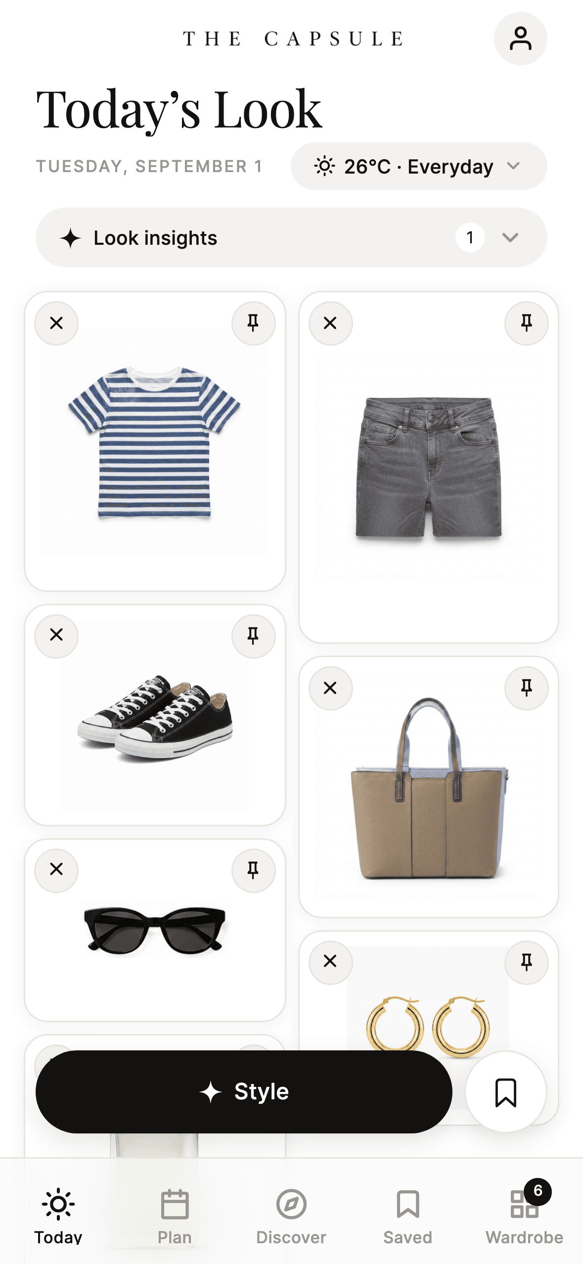 The Capsule's Today screen: a freshly styled look laid out as a photo mosaic, with weather and occasion set for the day