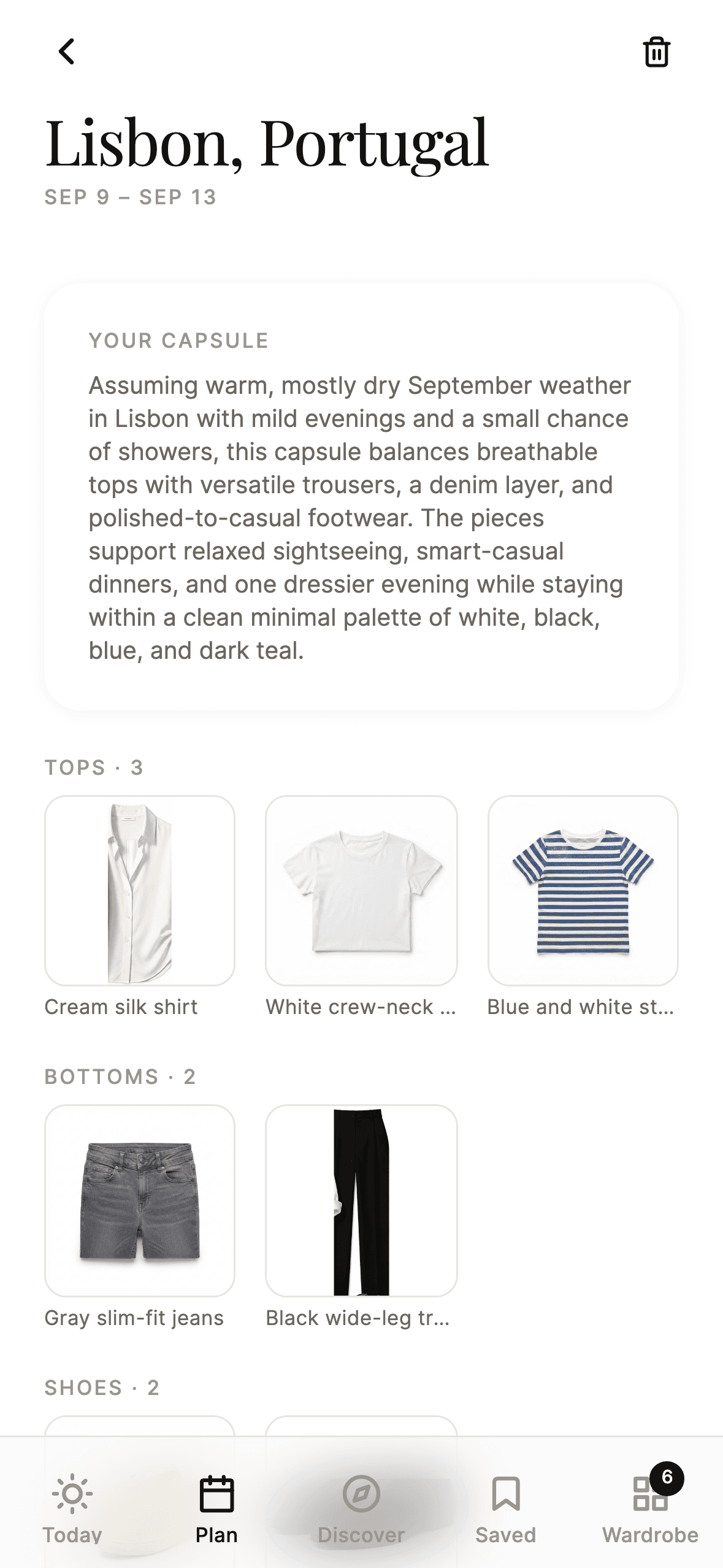 A trip packing list in The Capsule: a capsule rationale, then garments grouped by category with counts