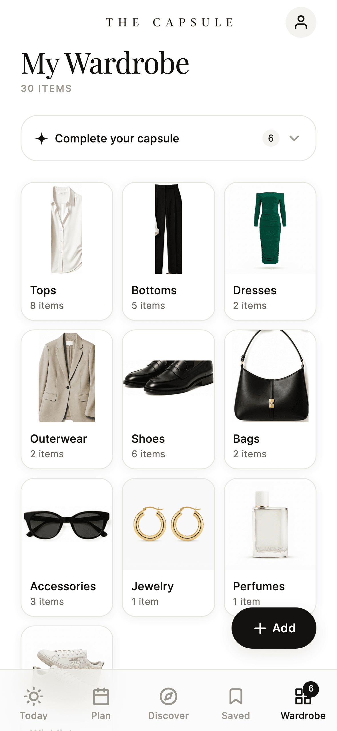 The Wardrobe tab: shelves of clean product shots sorted into Tops, Bottoms, Shoes and more