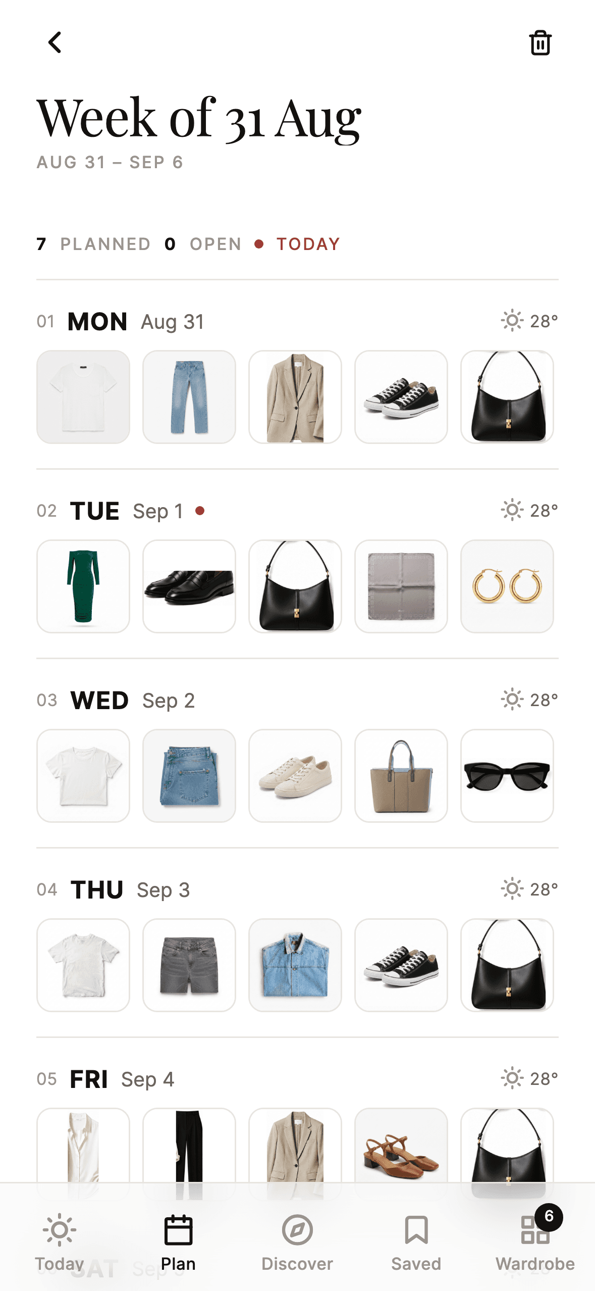 A styled week in The Capsule: one row of garment photos per day, Monday through Sunday